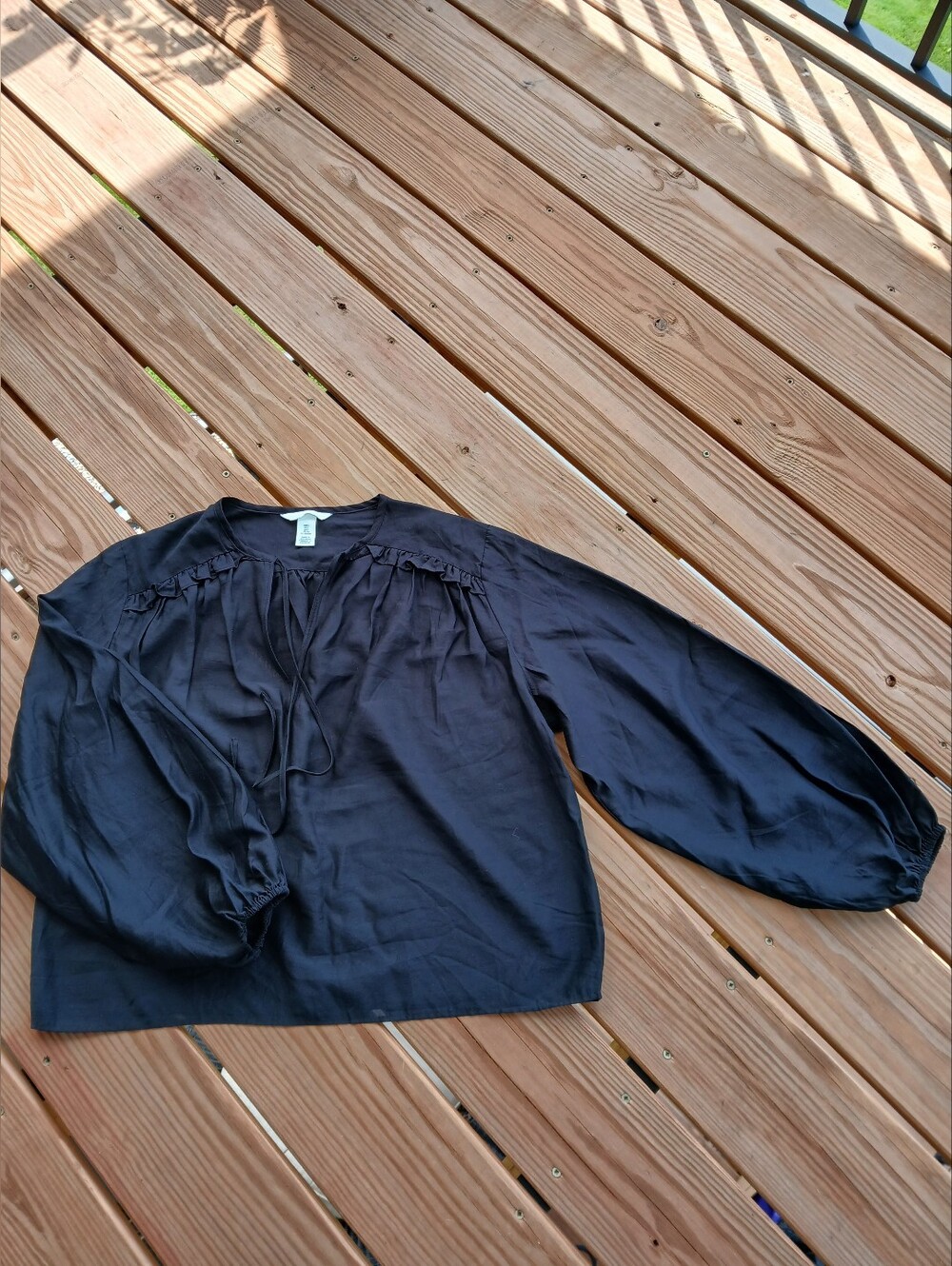H&M Black Peasant‎ Blouse with Tie Neckline